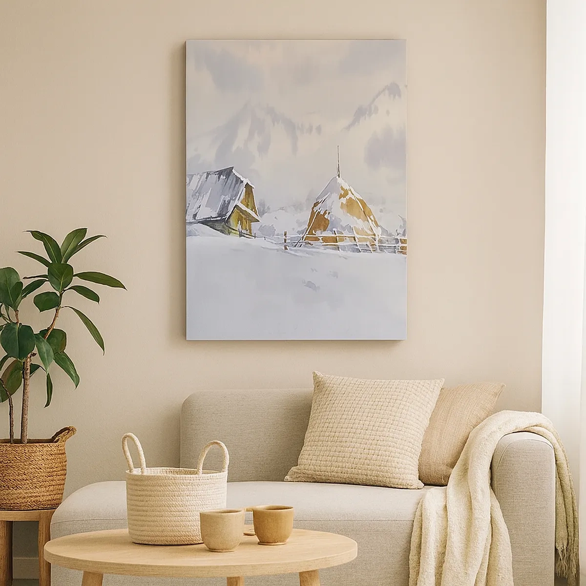 Bild auf Leinwand - Leinwandbild - Winterlandschaft mit Hütte und Heuhaufen in den Bergen - 50x70cm - In einem verschneiten Talkessel - Moderne Wanddekoration für Wohnzimmer und Schlafzimmer ARTTOR