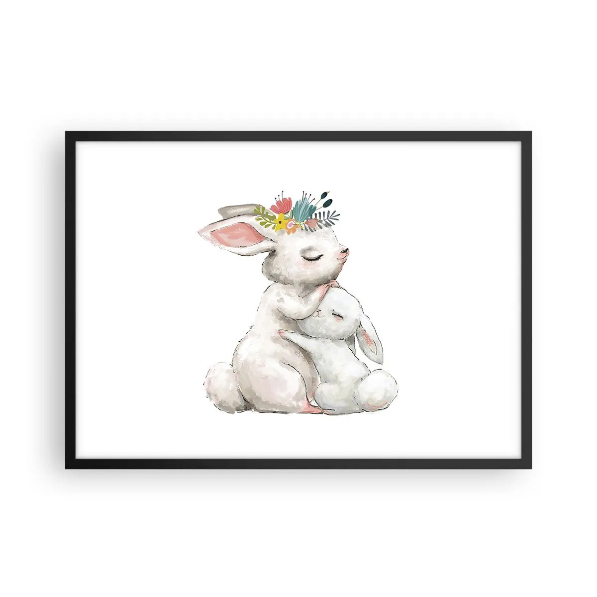 Poster in einem schwarzem Rahmen - Niedliche Kaninchen in Pastellfarben - 70x50cm - Bei Mama ist's am schönsten - Moderne Wanddekoration für Wohnzimmer und Schlafzimmer ARTTOR