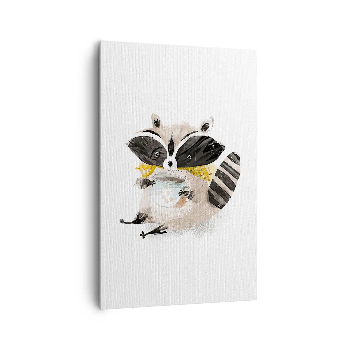 Bild auf Leinwand - Leinwandbild - Entzückender Waschbär mit einer pastellfarbenen Tasse - 80x120cm - Mein Freund der Waschbär - Moderne Wanddekoration für Wohnzimmer und Schlafzimmer ARTTOR