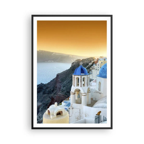 Poster in einem schwarzem Rahmen - Santorini - an die Felsen gekuschelt - 70x100 cm