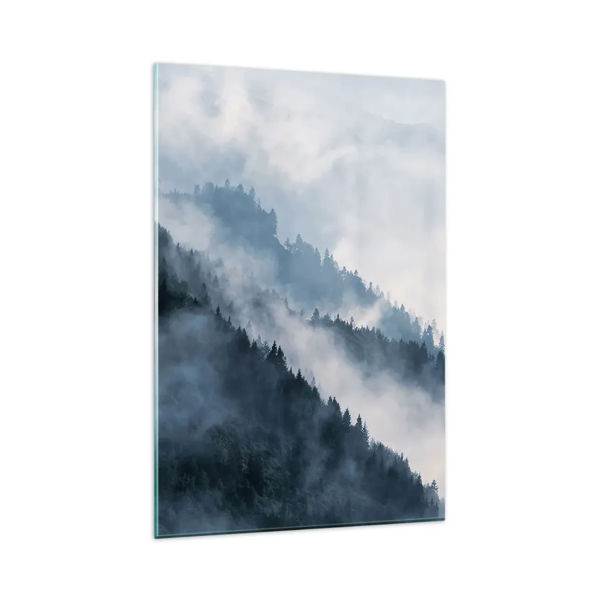 Glasbild - Bild auf glas - Nebel schwebt über den bewaldeten Berghängen in einer geheimnisvollen Landschaft - 80x120cm - Mystik der Berge - Moderne Wanddekoration für Wohnzimmer und Schlafzimmer ARTTOR