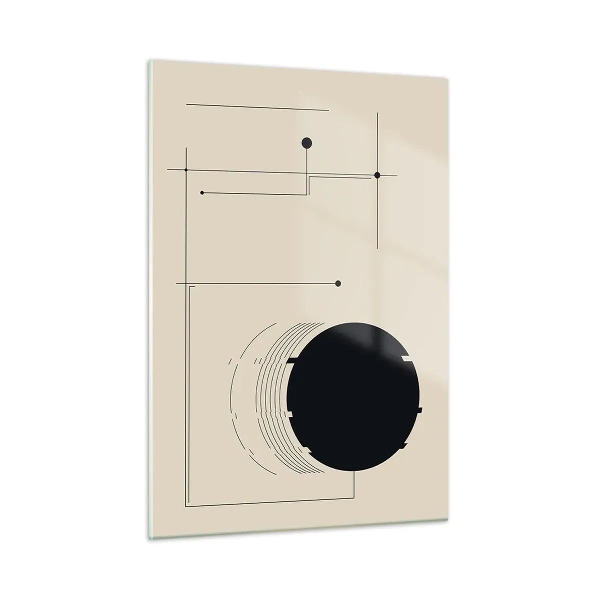 Glasbild - Bild auf glas - Abstrakte Komposition mit schwarzem Kreis und geometrischen Linien - 50x70cm - Flexible und dynamische Komposition - Moderne Wanddekoration für Wohnzimmer und Schlafzimmer ARTTOR