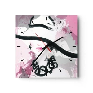 Wanduhr - Glasuhr - Bildnis einer Dame in Schwarz und Pink - 40x40 cm