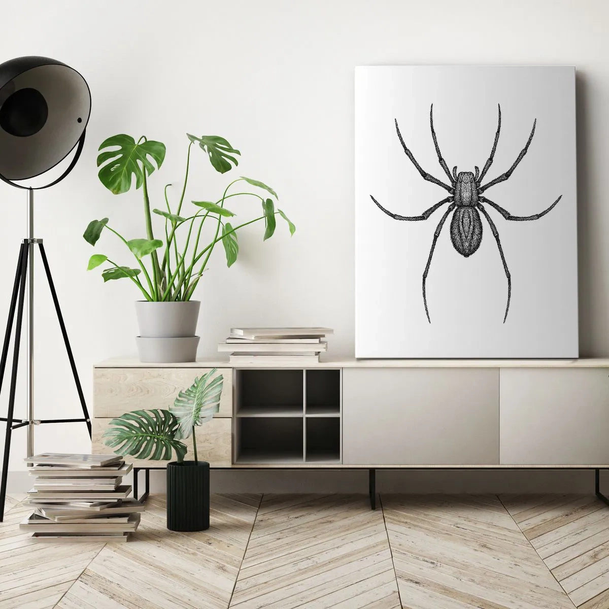 Bild auf Leinwand - Leinwandbild - Detail einer Spinne auf weißem Hintergrund im Cartoon-Stil - 50x70cm - Beunruhigende Präzision - Moderne Wanddekoration für Wohnzimmer und Schlafzimmer ARTTOR