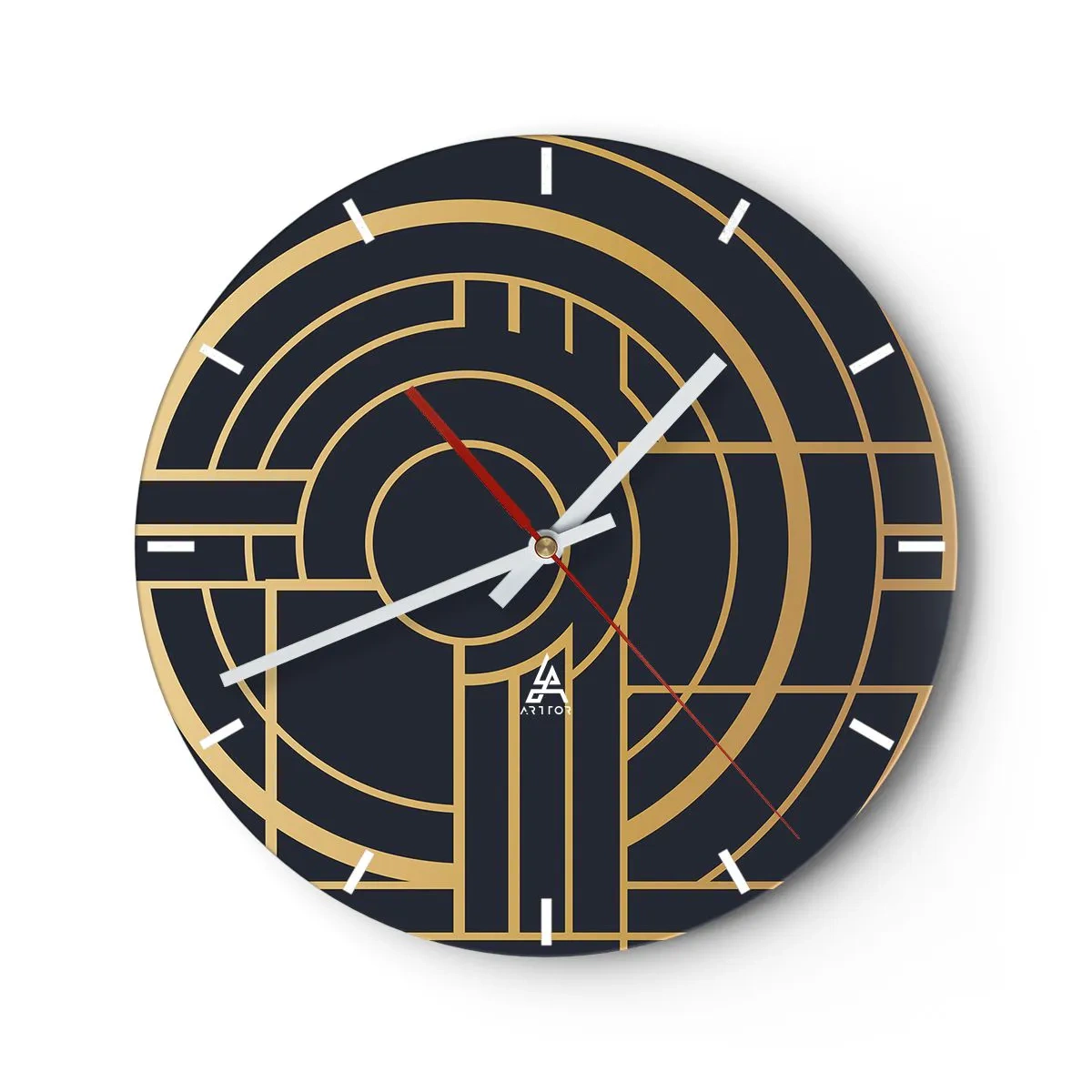 Wanduhr - Glasuhr - Geometrische Komposition in Gold und Schwarz mit konzentrischem Muster - 30x30cm - Wendungen der Dinge - Moderne Wanddekoration für Wohnzimmer, Küche und Schlafzimmer ARTTOR