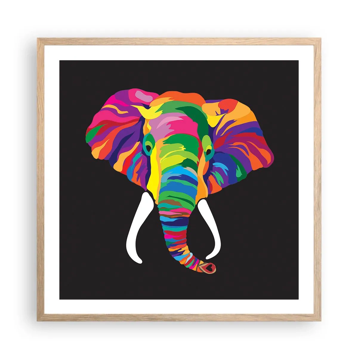 Poster in einem Rahmen aus heller Eiche - Der Elefant, der es liebte, im Regenbogen zu baden - 60x60 cm