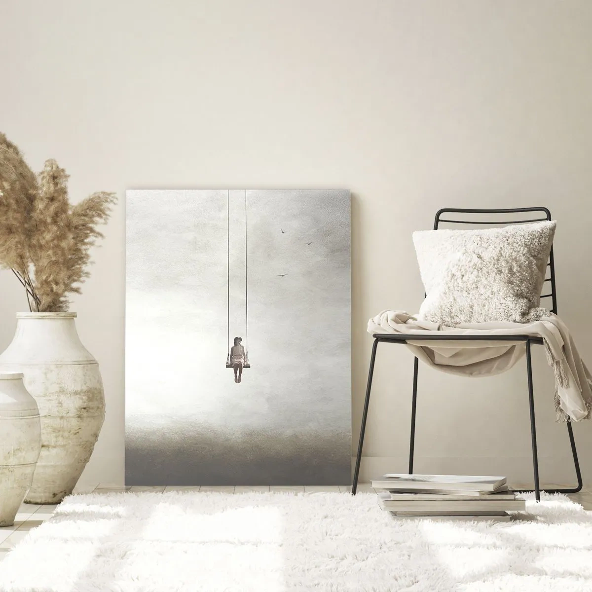 Glasbild - Bild auf glas - Eine Figur auf einer Schaukel, die im Raum schwebt - 70x100cm - Ein Kind in uns - Moderne Wanddekoration für Wohnzimmer und Schlafzimmer ARTTOR