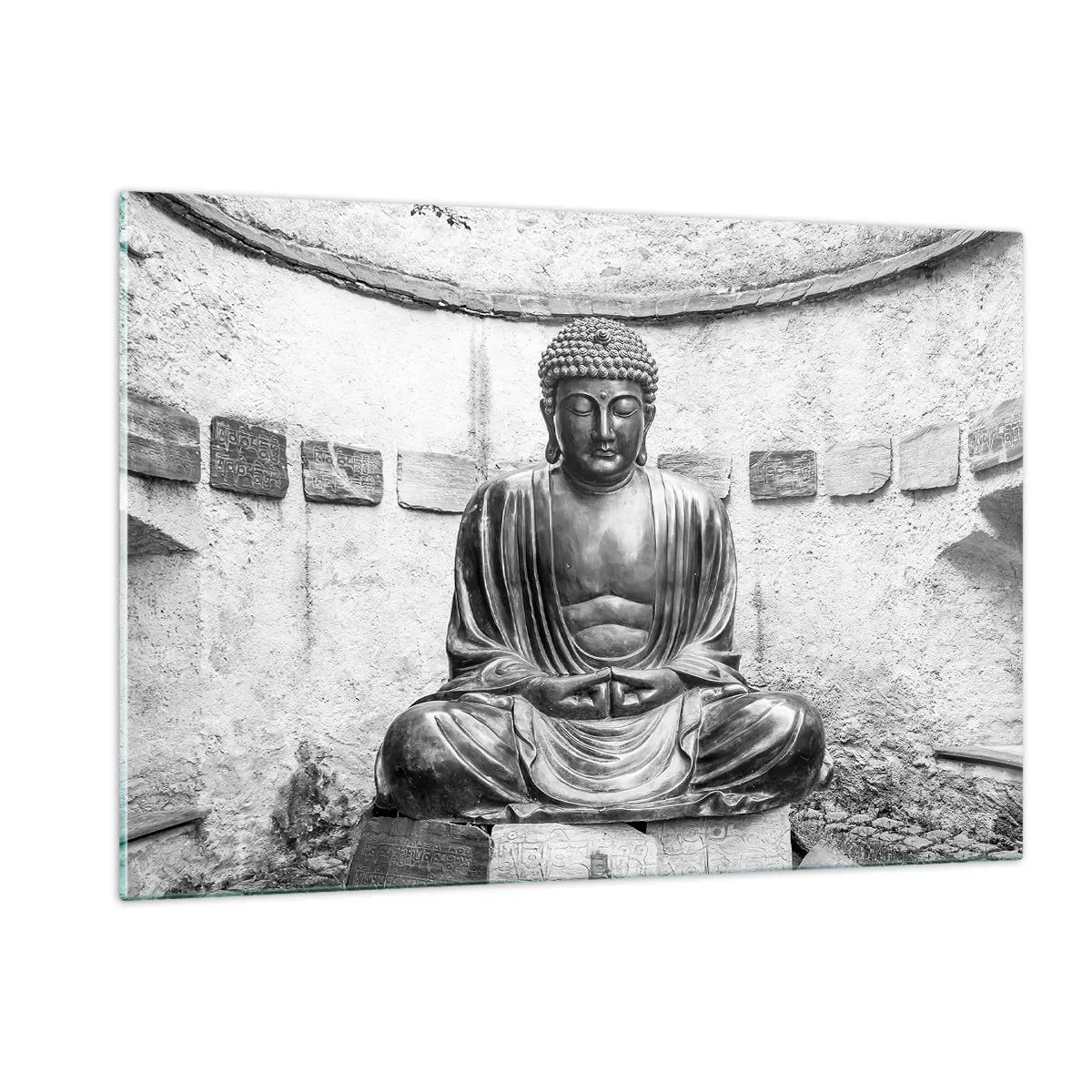 Glasbild - Bild auf glas - Schwarz-weiße Buddha-Statue in meditativer Pose - 120x80cm - An der Quelle des Friedens - Moderne Wanddekoration für Wohnzimmer und Schlafzimmer ARTTOR