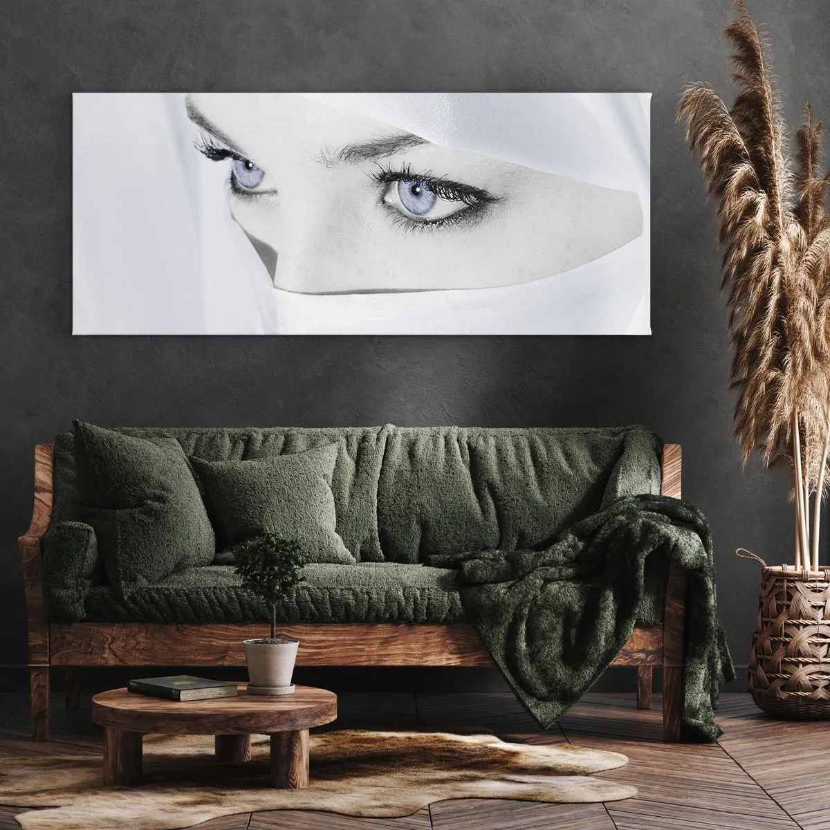 Bild auf Leinwand - Leinwandbild - Porträt einer Frau mit blauen Augen, versteckt hinter einem weißen Schleier - 160x50cm - Aus Tausendundeiner Nacht - Moderne Wanddekoration für Wohnzimmer und Schlafzimmer ARTTOR