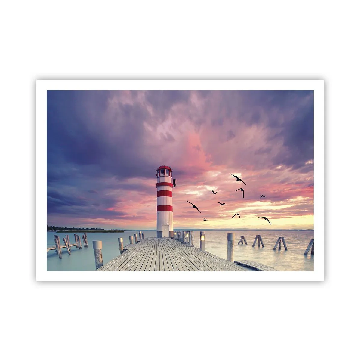 Poster - Ein Leuchtturm auf dem Pier, umgeben von einem malerischen Sonnenuntergang - 100x70cm - Es ist Zeit zum Hafen zu gehen - Moderne Wanddekoration für Wohnzimmer und Schlafzimmer ARTTOR