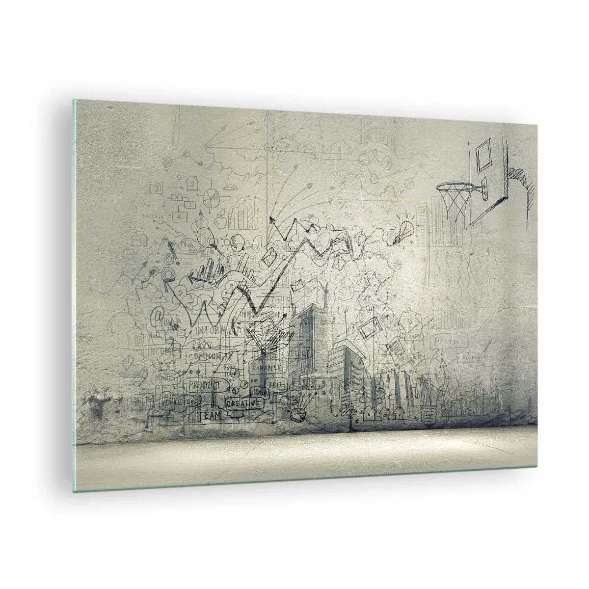 Glasbild - Bild auf glas - Grafische Skizze mit geschäftlichen und kreativen Elementen - 70x50cm - Mein tolles Stadtleben - Moderne Wanddekoration für Wohnzimmer und Schlafzimmer ARTTOR