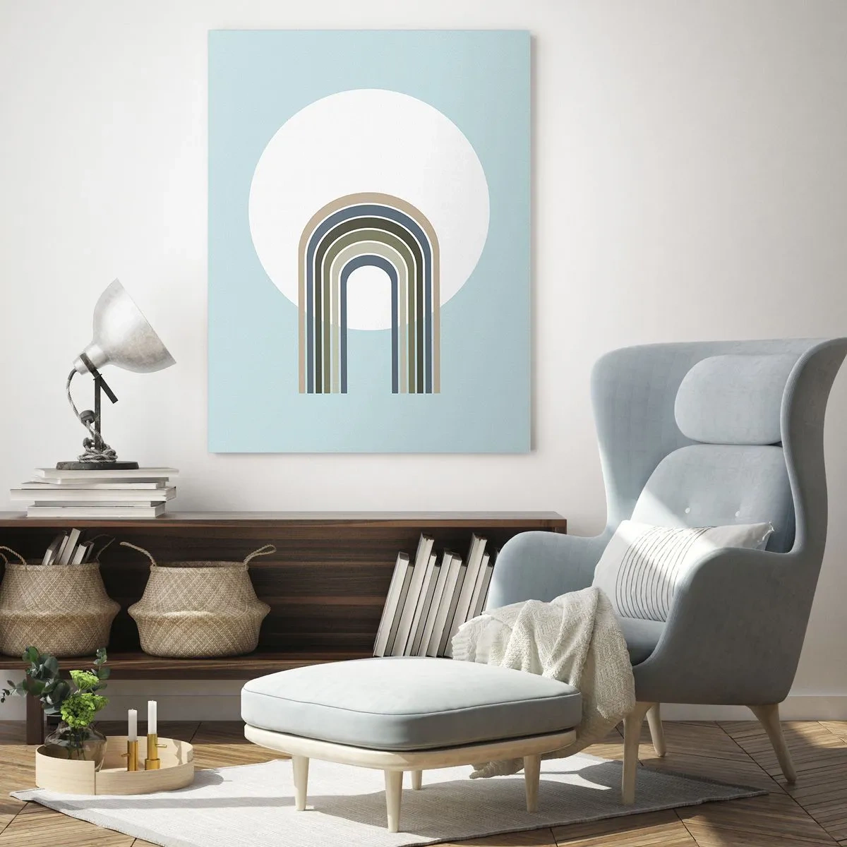 Glasbild - Bild auf glas - Eine abstrakte Komposition mit Bögen in zarten Blau- und Grüntönen. - 50x70cm - Unwiderstehliche Anziehungskraft - Moderne Wanddekoration für Wohnzimmer und Schlafzimmer ARTTOR