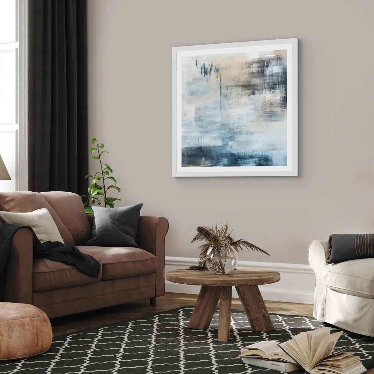 Poster in einem weißen Rahmen - Hinter dem blauen Vorhang - 40x40 cm