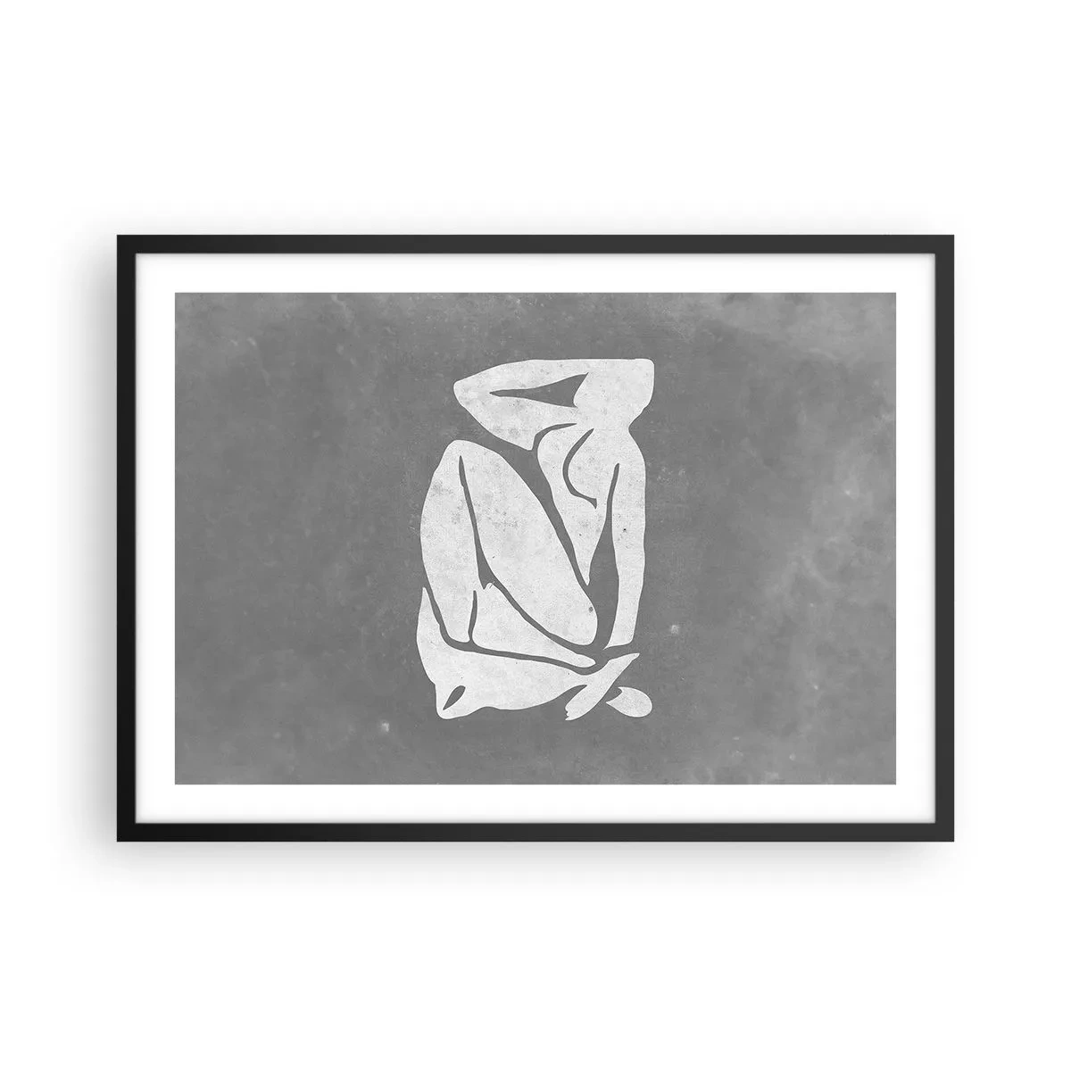 Poster in einem schwarzem Rahmen - Eine minimalistische Silhouettenzeichnung auf grauem Hintergrund - 70x50cm - In Gedanken versunken - Moderne Wanddekoration für Wohnzimmer und Schlafzimmer ARTTOR