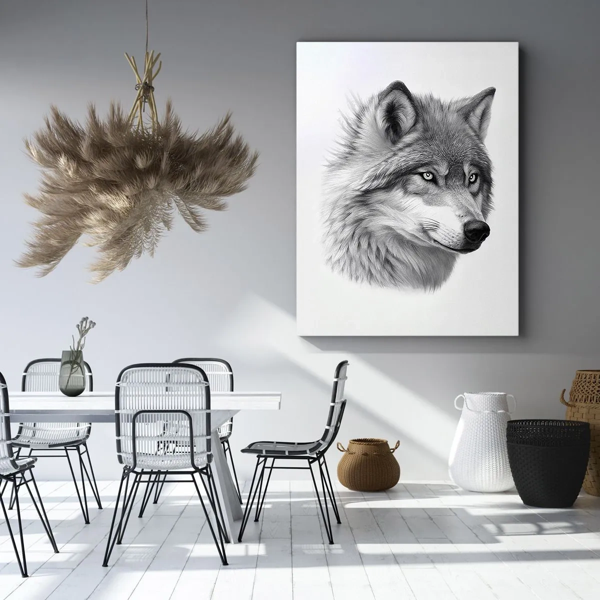 Bild auf Leinwand - Leinwandbild - Ein realistisches Porträt eines Wolfes in Grautönen. - 80x120cm - Alpha – ohne Zweifel - Moderne Wanddekoration für Wohnzimmer und Schlafzimmer ARTTOR