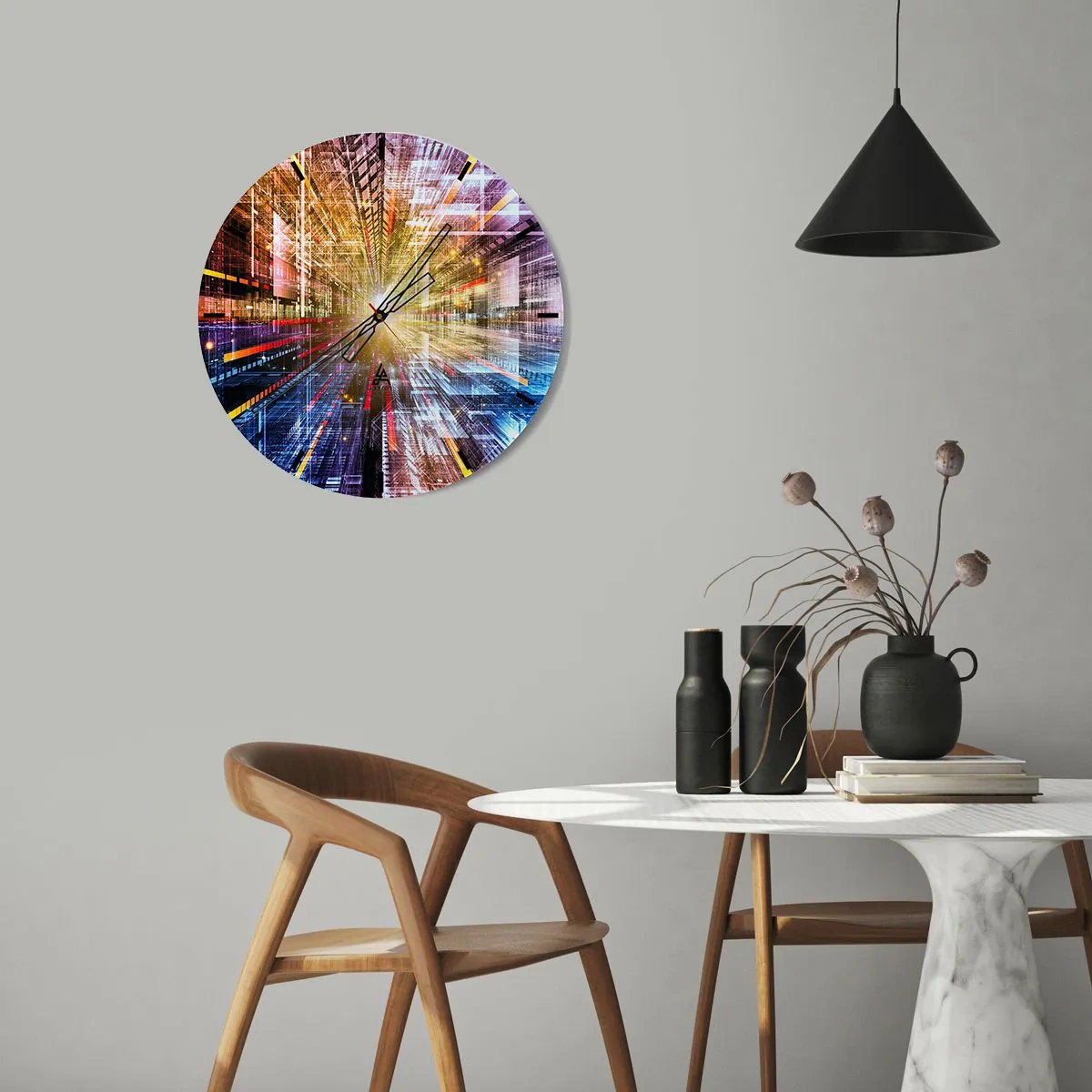 Wanduhr - Glasuhr - Eine abstrakte Vision der Stadt mit Lichteffekten und Farben - 30x30cm - Leuchtender Korridor - Moderne Wanddekoration für Wohnzimmer, Küche und Schlafzimmer ARTTOR