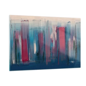 Glasbild - Bild auf glas - Vertikale Pinselstriche in Rot und Blau auf beigem Hintergrund - 120x80cm - Vertikale Komposition in Blau und Rot - Moderne Wanddekoration für Wohnzimmer und Schlafzimmer ARTTOR