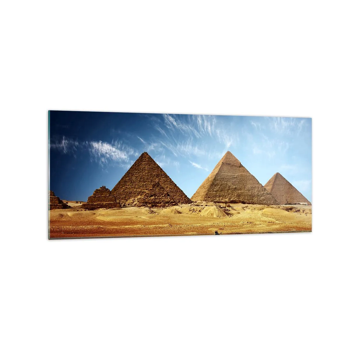 Glasbild - Bild auf glas - Die Pyramiden von Gizeh vor blauem Himmel und Wüstenlandschaft - 120x50cm - 40 Jahrhunderte schauen dich an - Moderne Wanddekoration für Wohnzimmer und Schlafzimmer ARTTOR