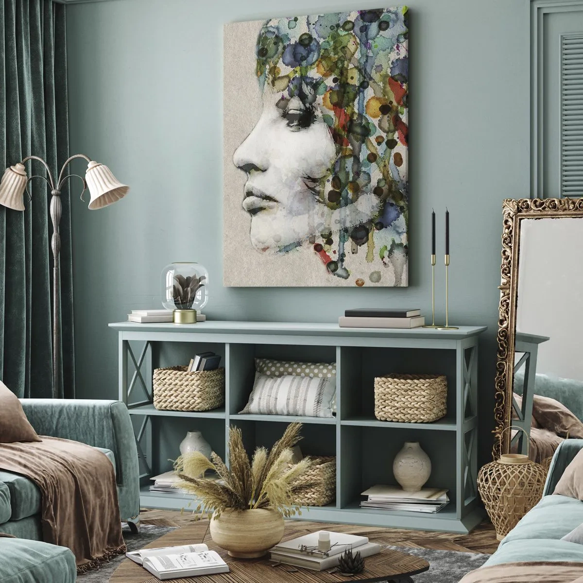 Bild auf Leinwand - Leinwandbild - Profil einer Frau in Aquarellfarben mit abstraktem Hintergrund - 50x70cm - Sie tauchte aus dem Grau auf - Moderne Wanddekoration für Wohnzimmer und Schlafzimmer ARTTOR