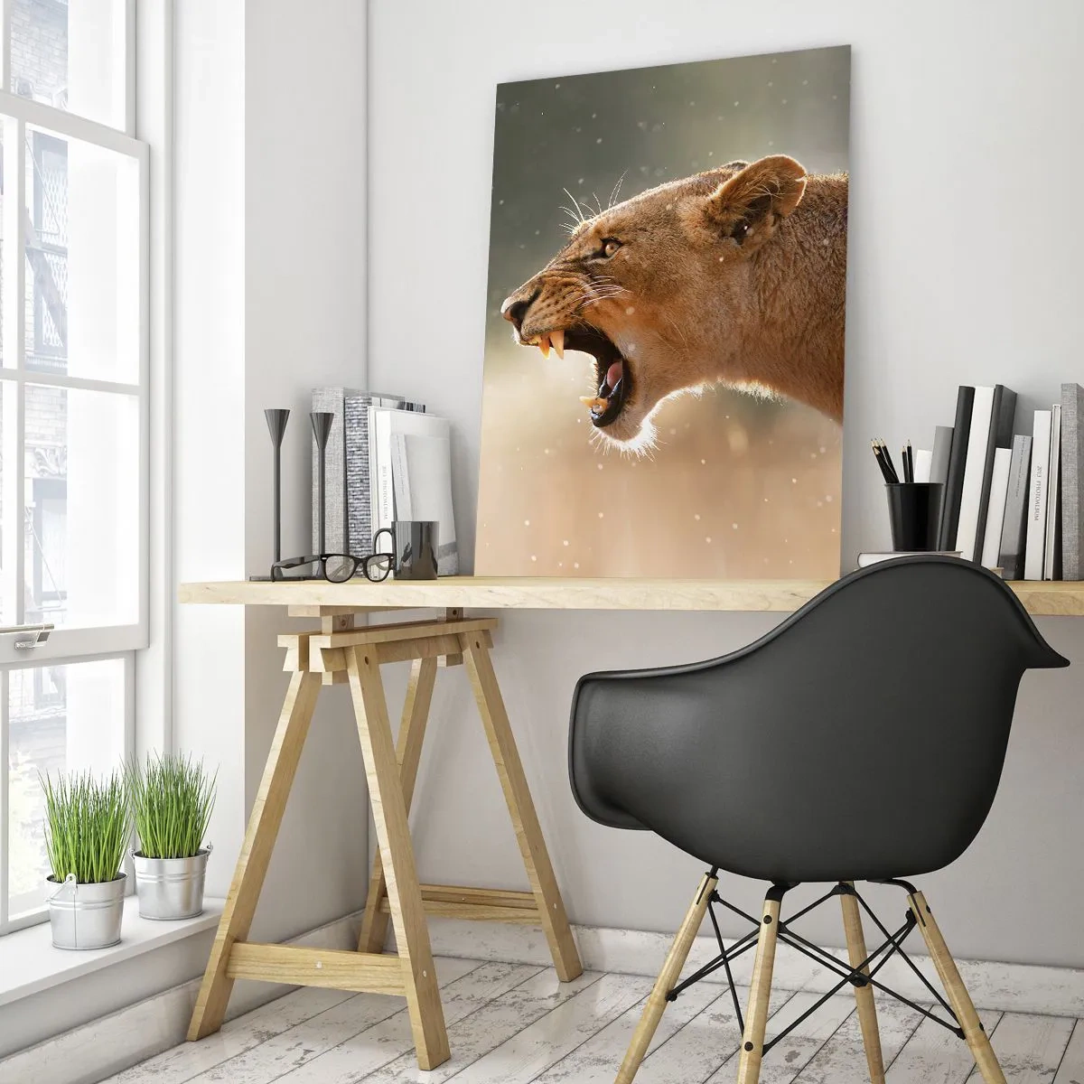 Glasbild - Bild auf glas - Nahaufnahme eines Löwen, der in den Sonnenstrahlen brüllt - 50x70cm - Versuch, nicht zuzuhören - Moderne Wanddekoration für Wohnzimmer und Schlafzimmer ARTTOR