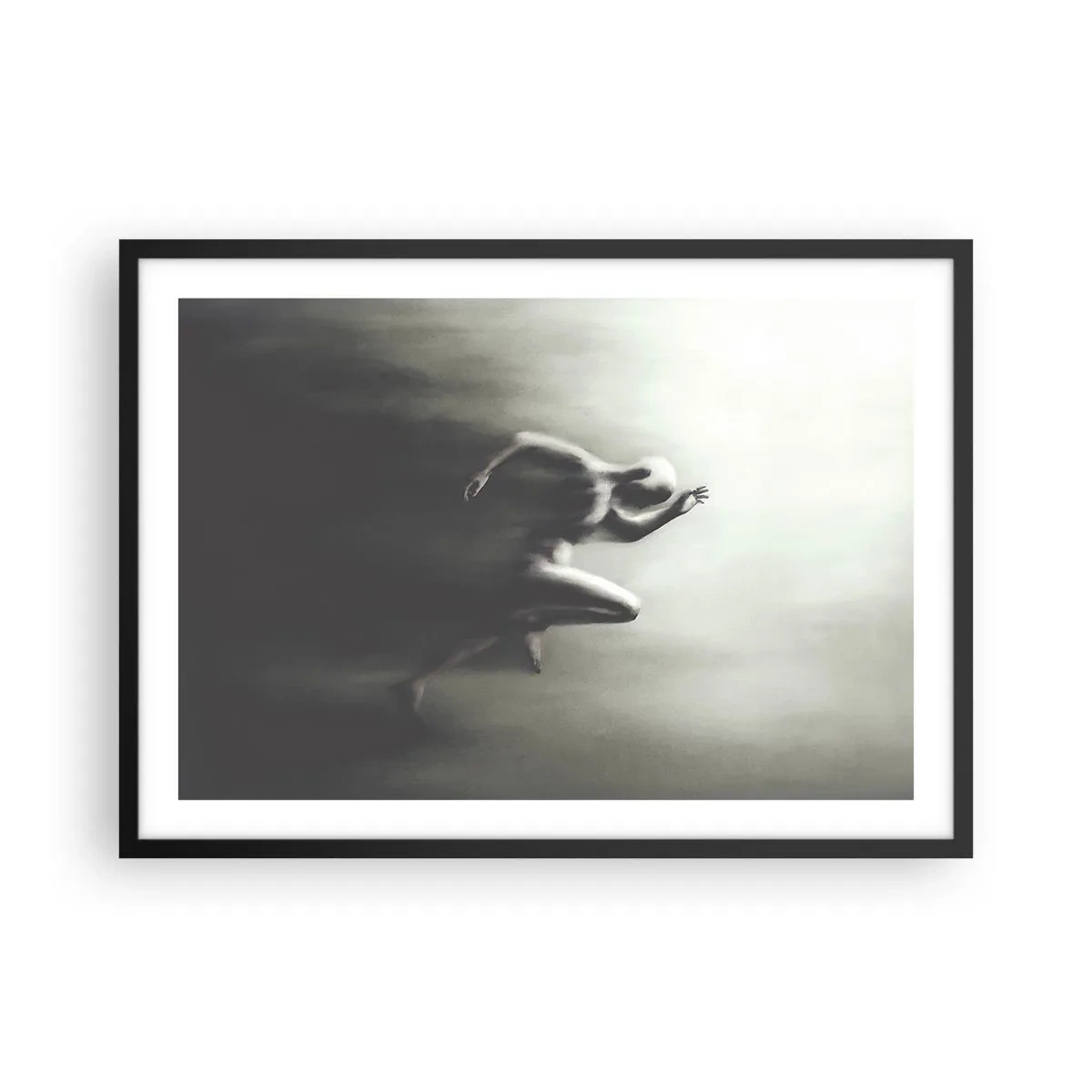 Poster in einem schwarzem Rahmen - Eine schwarz-weiße Silhouette einer laufenden Figur in einem dynamischen und surrealen Stil. - 70x50cm - Unwiderstehlich - Moderne Wanddekoration für Wohnzimmer und Schlafzimmer ARTTOR