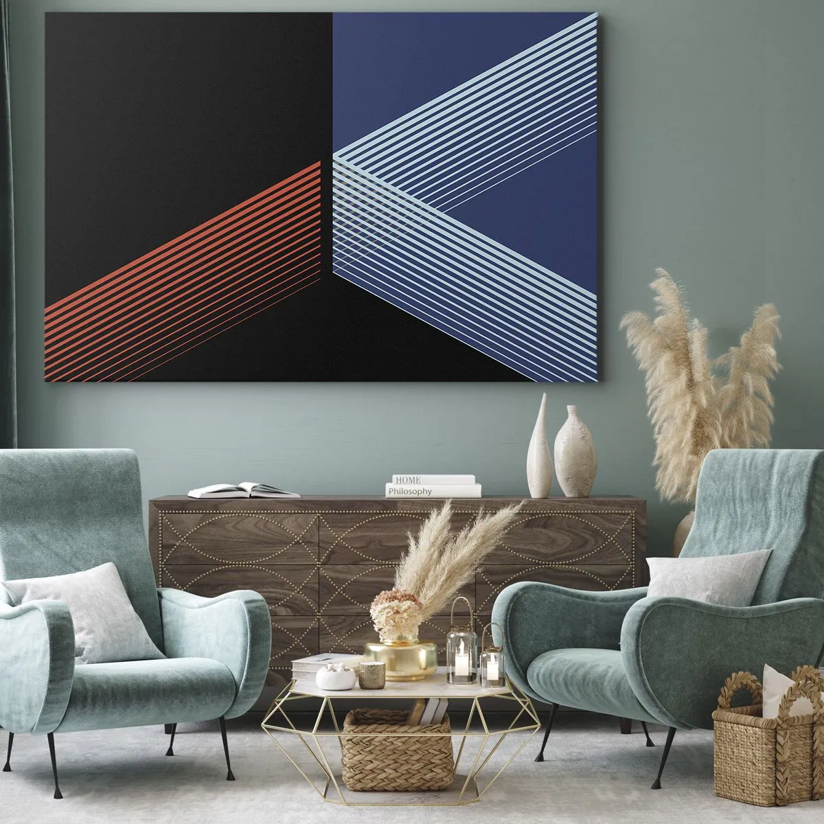 Bild auf Leinwand - Leinwandbild - Geometrische Linien in Rot- und Blautönen - 120x80cm - Eine einfache Geschichte - Moderne Wanddekoration für Wohnzimmer und Schlafzimmer ARTTOR