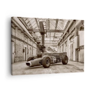 Bild auf Leinwand - Leinwandbild - Schwarz-weißer Rennwagen in einem industriellen Interieur - 70x50cm - Die Siegerruhe - Moderne Wanddekoration für Wohnzimmer und Schlafzimmer ARTTOR