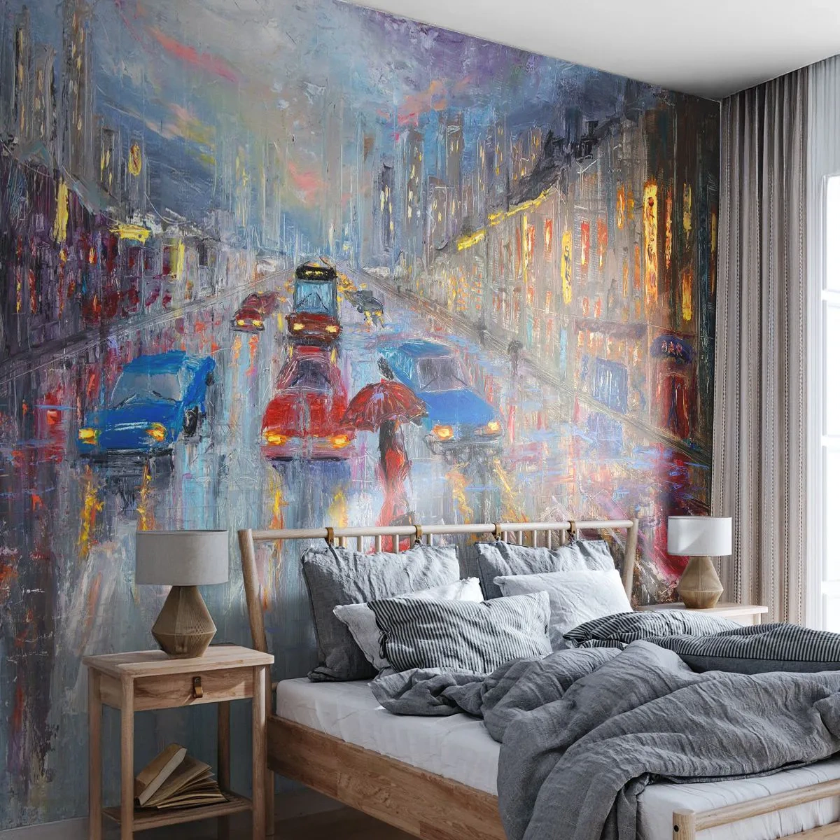 Fototapete Premium Sand - Impressionistische Nachtstraße mit einer Figur unter einem roten Regenschirm - 100x70cm - Regnerischer Nachmittag in der Stadt - Moderne Wanddekoration für Wohnzimmer und Schlafzimmer ARTTOR