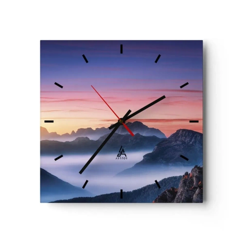 Wanduhr - Glasuhr - Berglandschaft bei Sonnenaufgang mit Nebel in den Tälern - 30x30cm - Über die Täler - Moderne Wanddekoration für Wohnzimmer und Schlafzimmer ARTTOR