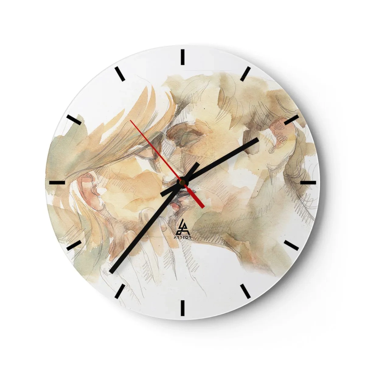 Wanduhr - Glasuhr - Ein pastellfarbenes Aquarellporträt eines sich küssenden Paares - 30x30cm - Hälfte gefunden? - Moderne Wanddekoration für Wohnzimmer, Küche und Schlafzimmer ARTTOR