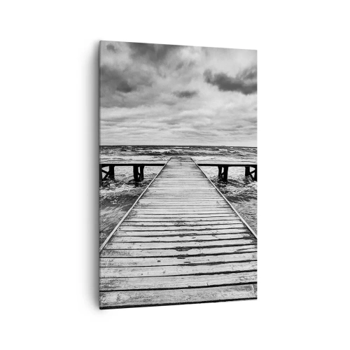 Bild auf Leinwand - Leinwandbild - Eine Schwarz-Weiß-Ansicht eines Holzstegs über einer stürmischen See. - 80x120cm - Ich warte darauf, dass der Wind wegjagt... - Moderne Wanddekoration für Wohnzimmer und Schlafzimmer ARTTOR