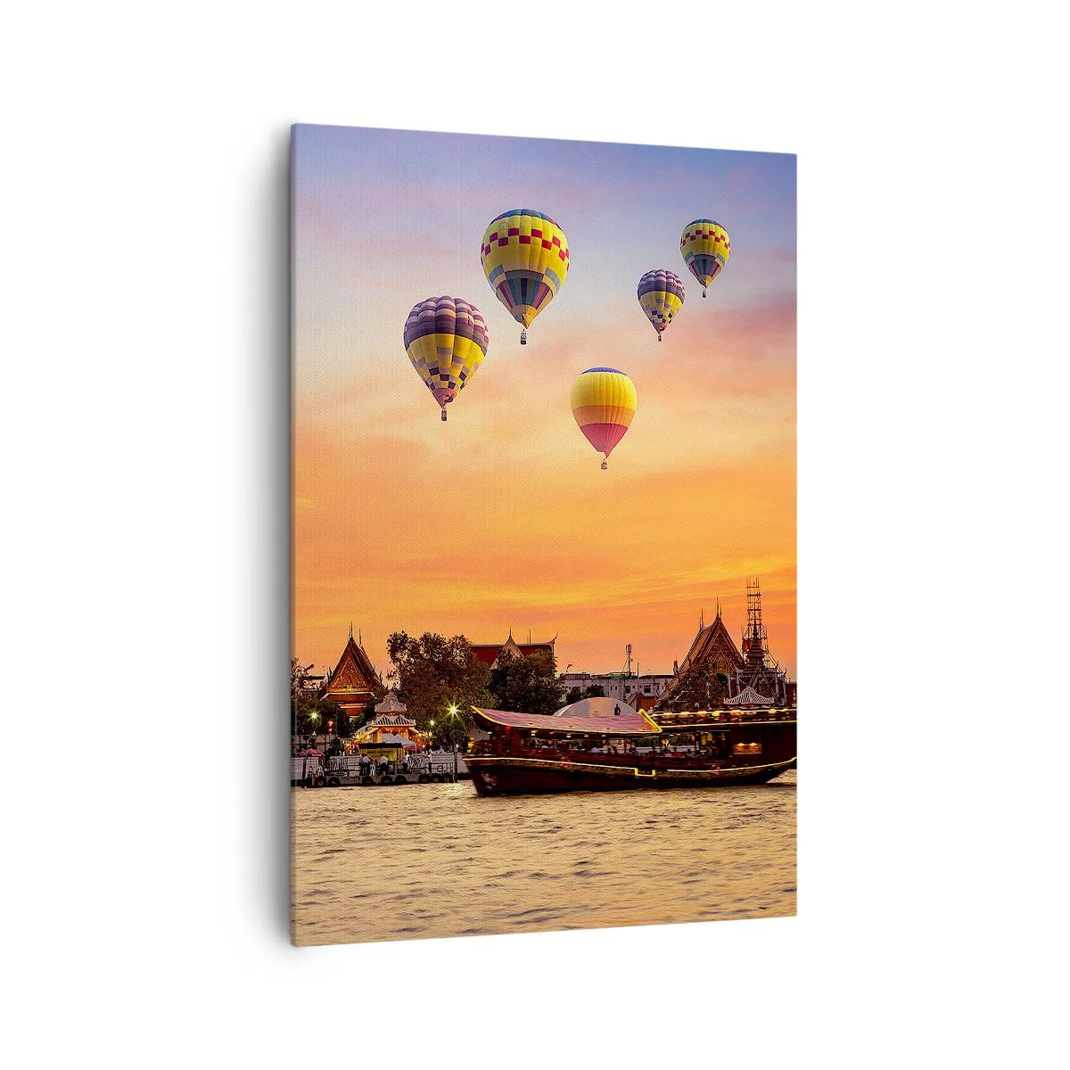 Bild auf Leinwand - Leinwandbild - Ein Tempel und Ballons vor dem Hintergrund der untergehenden Sonne über dem Fluss - 70x100cm - Hier werden Märchen geboren - Moderne Wanddekoration für Wohnzimmer und Schlafzimmer ARTTOR