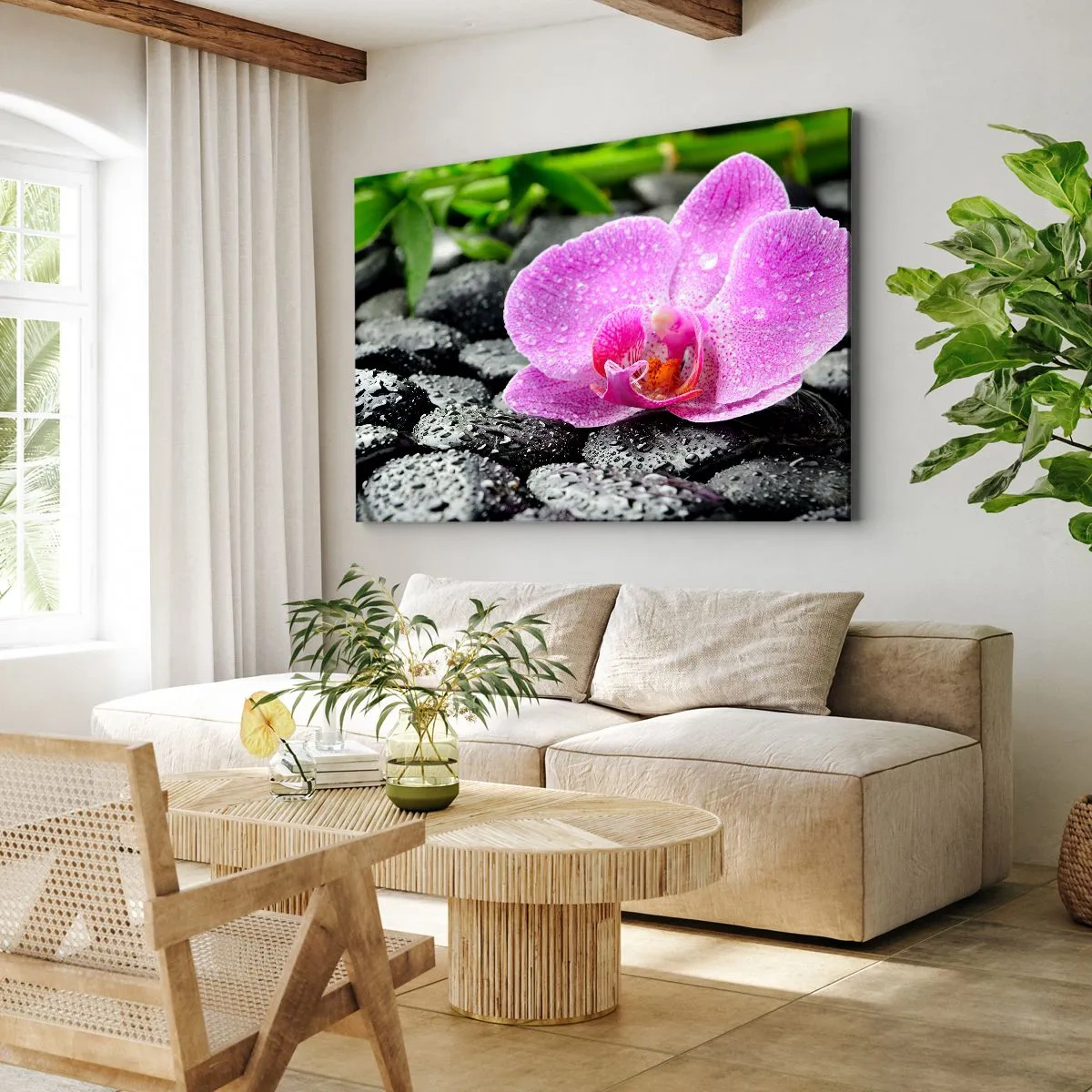 Bild auf Leinwand - Leinwandbild - Rosa Orchidee auf nassen schwarzen Steinen mit grünen Blättern - 100x70cm - Wie ein offenes Herz - Moderne Wanddekoration für Wohnzimmer und Schlafzimmer ARTTOR