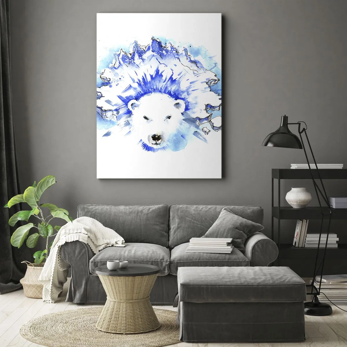 Bild auf Leinwand - Leinwandbild - Künstlerische Aquarellmalerei eines Eisbären mit eisigem Motiv - 50x70cm - Der König der Arktis in einer Eiskrone - Moderne Wanddekoration für Wohnzimmer und Schlafzimmer ARTTOR