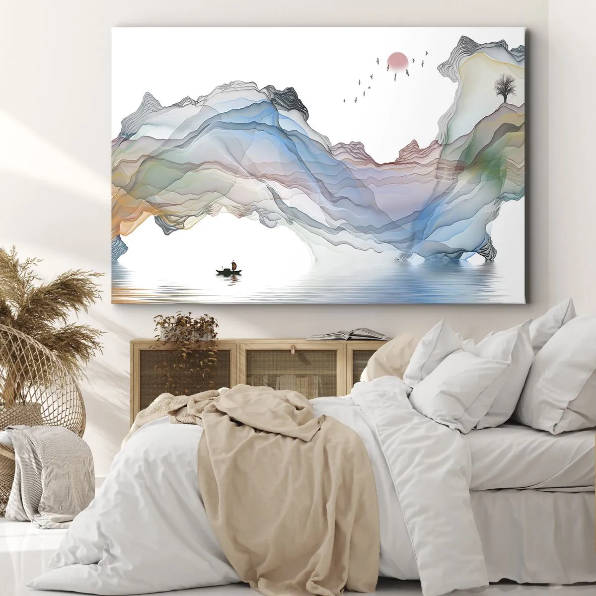Bild auf Leinwand - Leinwandbild - Eine subtile Landschaft mit Bergen, Wasser und einem Boot - 120x80cm - Zu den Kristallbergen - Moderne Wanddekoration für Wohnzimmer und Schlafzimmer ARTTOR
