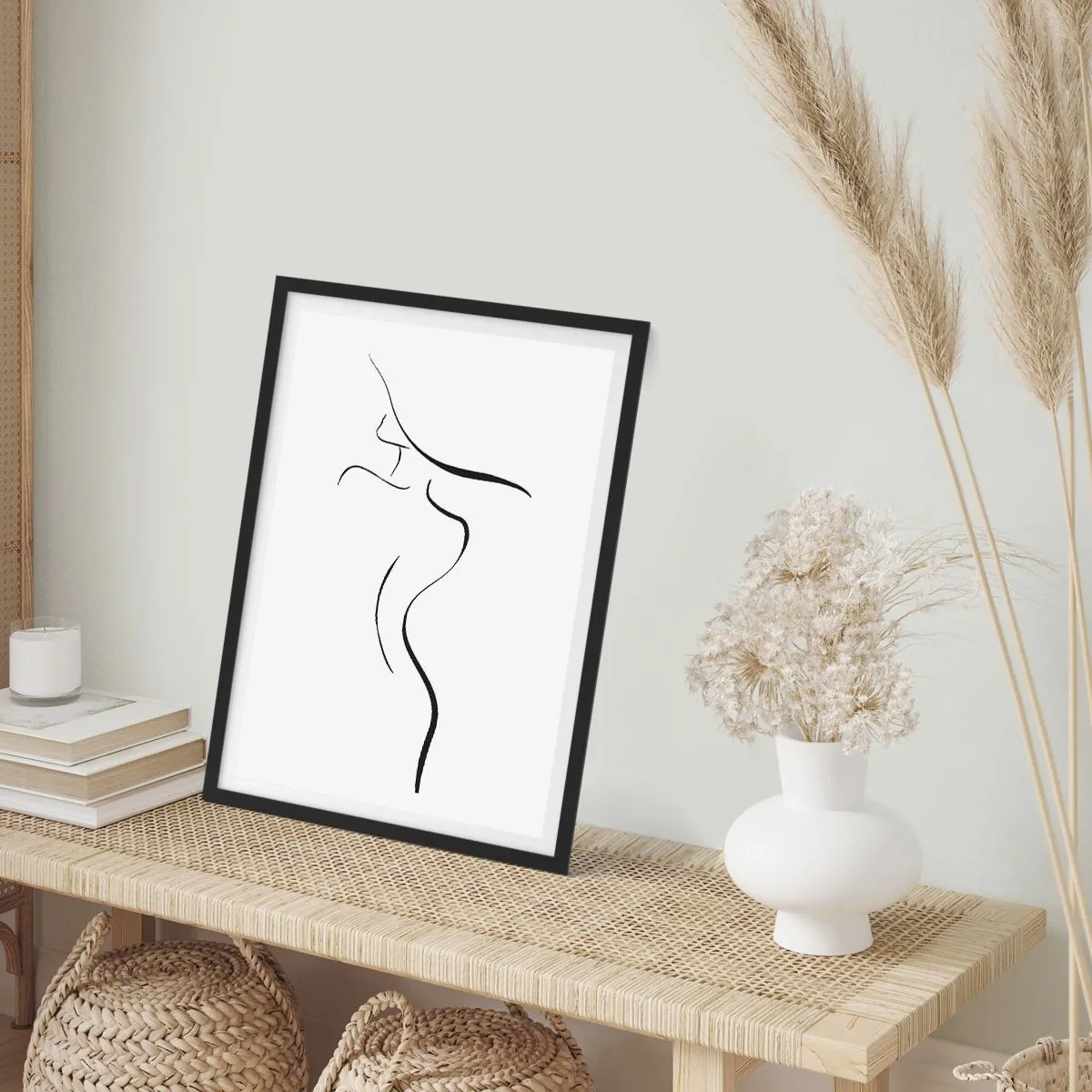 Poster in einem schwarzem Rahmen - Eine minimalistische Silhouette einer Frau, gezeichnet mit einer schwarzen Linie. - 50x70cm - Flüchtig wie eine Welle - Moderne Wanddekoration für Wohnzimmer und Schlafzimmer ARTTOR