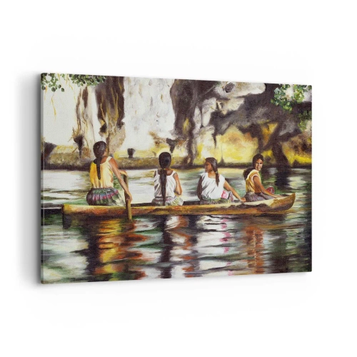 Bild auf Leinwand - Leinwandbild - Frauen in einem Boot auf einem ruhigen Fluss mit malerischer Kulisse - 100x70cm - In einem polynesischen Paradies - Moderne Wanddekoration für Wohnzimmer und Schlafzimmer ARTTOR