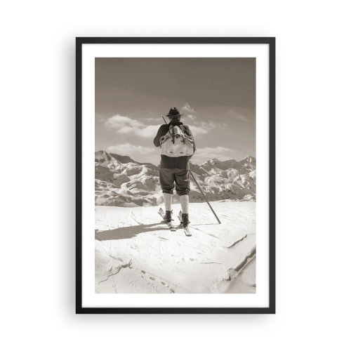 Poster in einem schwarzem Rahmen - Ein Skifahrer im Retro-Stil mit Bergen im Hintergrund - 50x70cm - Und die Berge bleiben unverändert - Moderne Wanddekoration für Wohnzimmer und Schlafzimmer ARTTOR