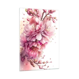 Glasbild - Bild auf glas - Rosa Kirschblüten in voller Blüte vor hellem Hintergrund - 50x70cm - Kirschblütenblüte - Moderne Wanddekoration für Wohnzimmer und Schlafzimmer ARTTOR