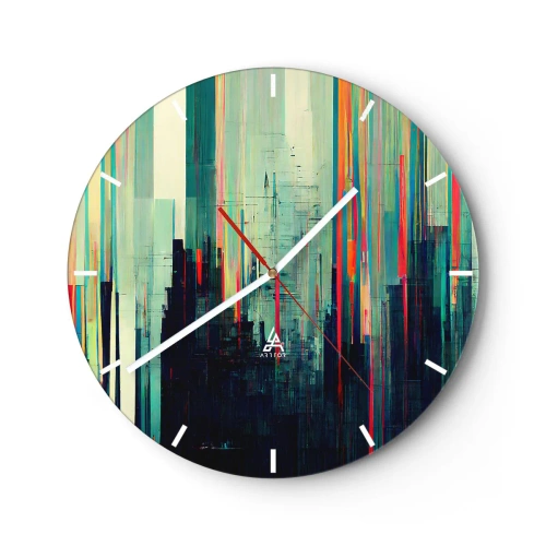 Wanduhr - Glasuhr - Eine farbenfrohe Abstraktion mit vertikalen Linien, die einer Stadt ähneln - 30x30cm - Futuristische Stadt - Moderne Wanddekoration für Wohnzimmer, Küche und Schlafzimmer ARTTOR