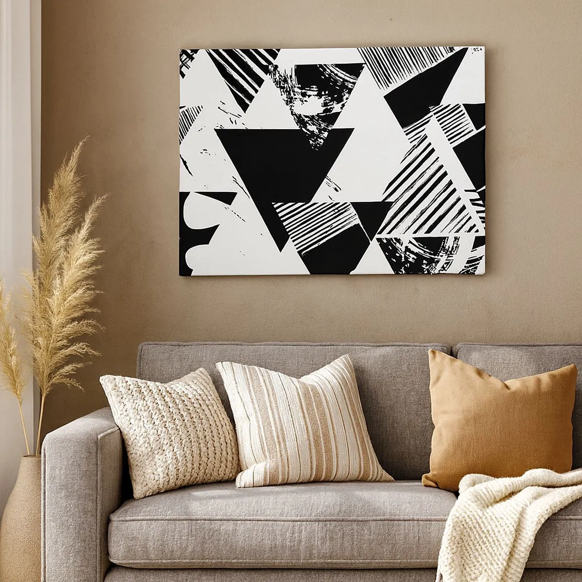 Bild auf Leinwand - Leinwandbild - Geometrische Muster in minimalistischer Schwarz-Weiß-Form - 70x50cm - Regen von Dreiecken - Moderne Wanddekoration für Wohnzimmer und Schlafzimmer ARTTOR