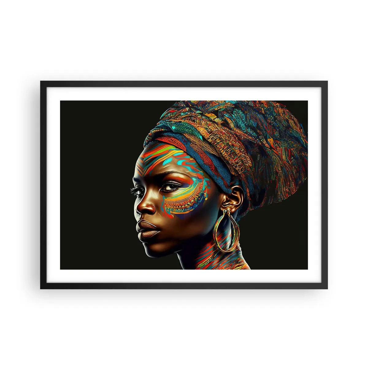 Poster in einem schwarzem Rahmen - Porträt einer Frau mit buntem Muster und Turban - 70x50cm - Afrikanische Königin - Moderne Wanddekoration für Wohnzimmer und Schlafzimmer ARTTOR