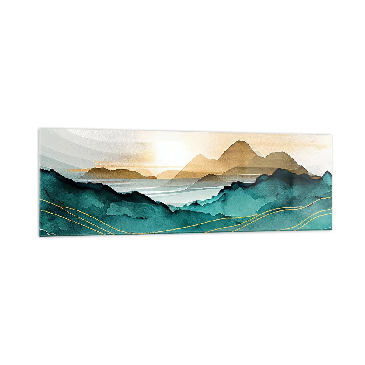 Glasbild - Bild auf glas - Abstrakte Landschaft mit Bergen und goldenen Akzenten - 160x50cm - Am Rande der Abstraktion – Landschaft - Moderne Wanddekoration für Wohnzimmer und Schlafzimmer ARTTOR