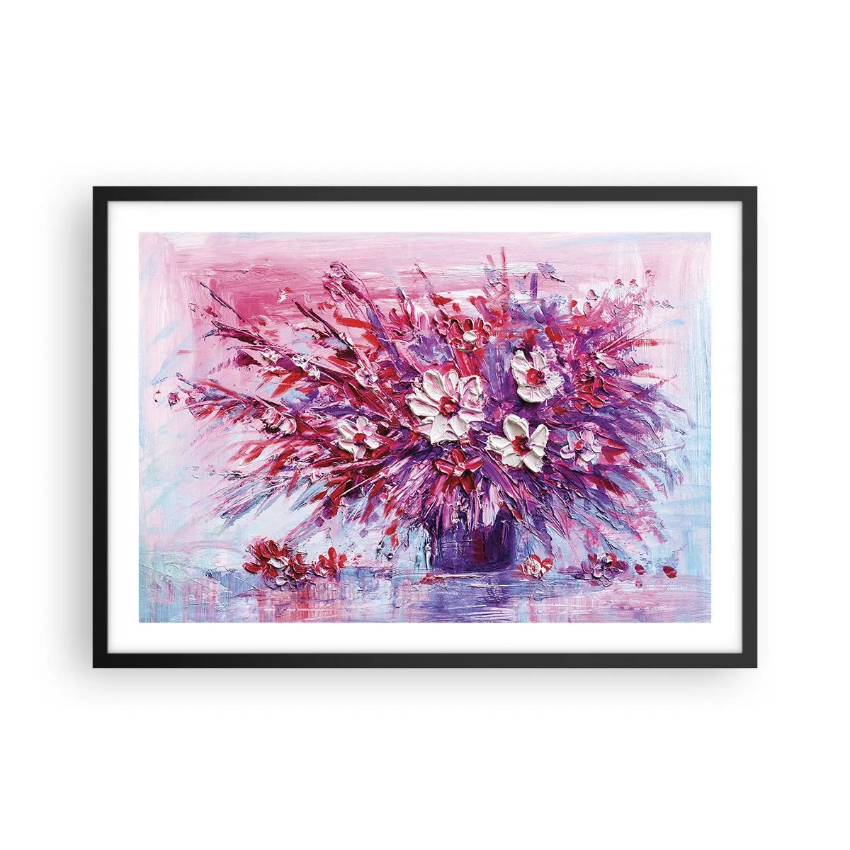 Poster in einem schwarzem Rahmen - Ein bunter Blumenstrauß in Rosa- und Lilatönen - 70x50cm - Unschuld und Leidenschaft - Moderne Wanddekoration für Wohnzimmer und Schlafzimmer ARTTOR