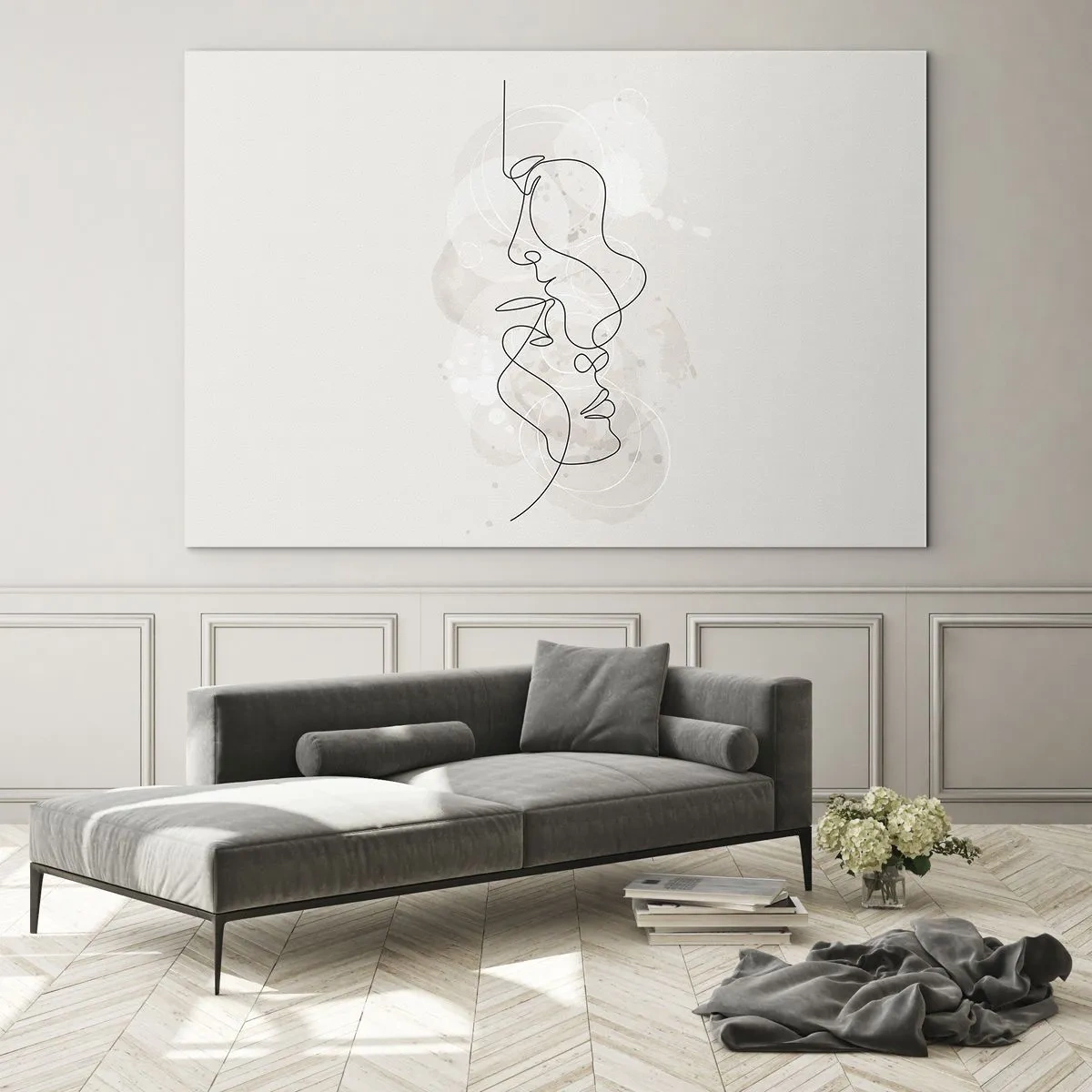 Glasbild - Bild auf glas - Eine minimalistische Zeichnung der Gesichter zweier Menschen in einer subtilen, sinnlichen Umarmung. - 70x50cm - Verstrickt in eine Umarmung - Moderne Wanddekoration für Wohnzimmer und Schlafzimmer ARTTOR