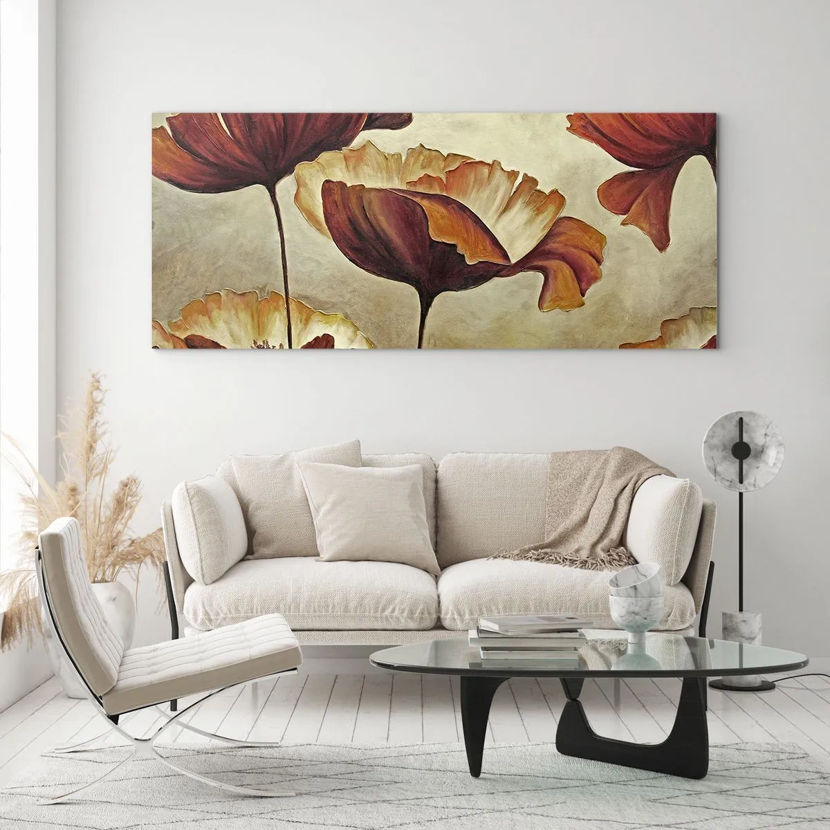 Glasbild - Bild auf glas - Dezente Blumen in Rot- und Goldtönen auf hellem Untergrund - 160x50cm - Weideland - Moderne Wanddekoration für Wohnzimmer und Schlafzimmer ARTTOR