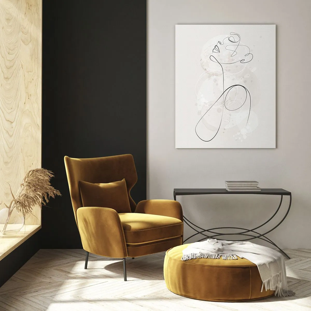 Glasbild - Bild auf glas - Minimalistische Gesichtskontur mit einer Blume auf hellem Hintergrund - 70x100cm - Die Spirale der Schönheit - Moderne Wanddekoration für Wohnzimmer und Schlafzimmer ARTTOR