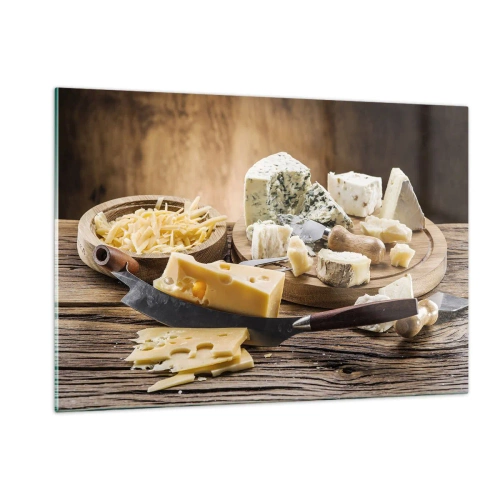 Glasbild - Bild auf glas - Käsebrett mit Messer auf rustikalem Tisch - 120x80cm - Lächeln Sie den Käse an - Moderne Wanddekoration für Wohnzimmer und Schlafzimmer ARTTOR