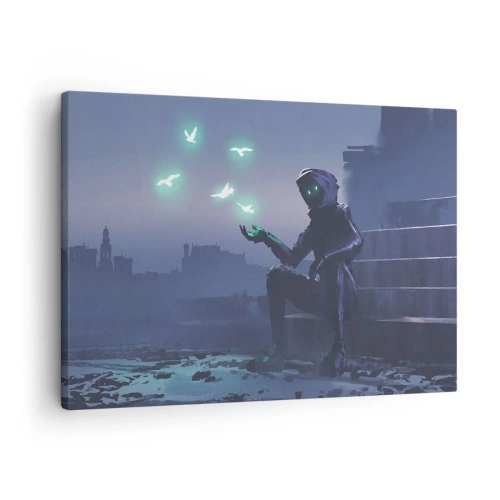 Bild auf Leinwand - Leinwandbild - Eine vermummte Figur mit magischen Vögeln im Hintergrund einer Stadt - 70x50cm - Das Leben wird zurückkommen - Moderne Wanddekoration für Wohnzimmer und Schlafzimmer ARTTOR