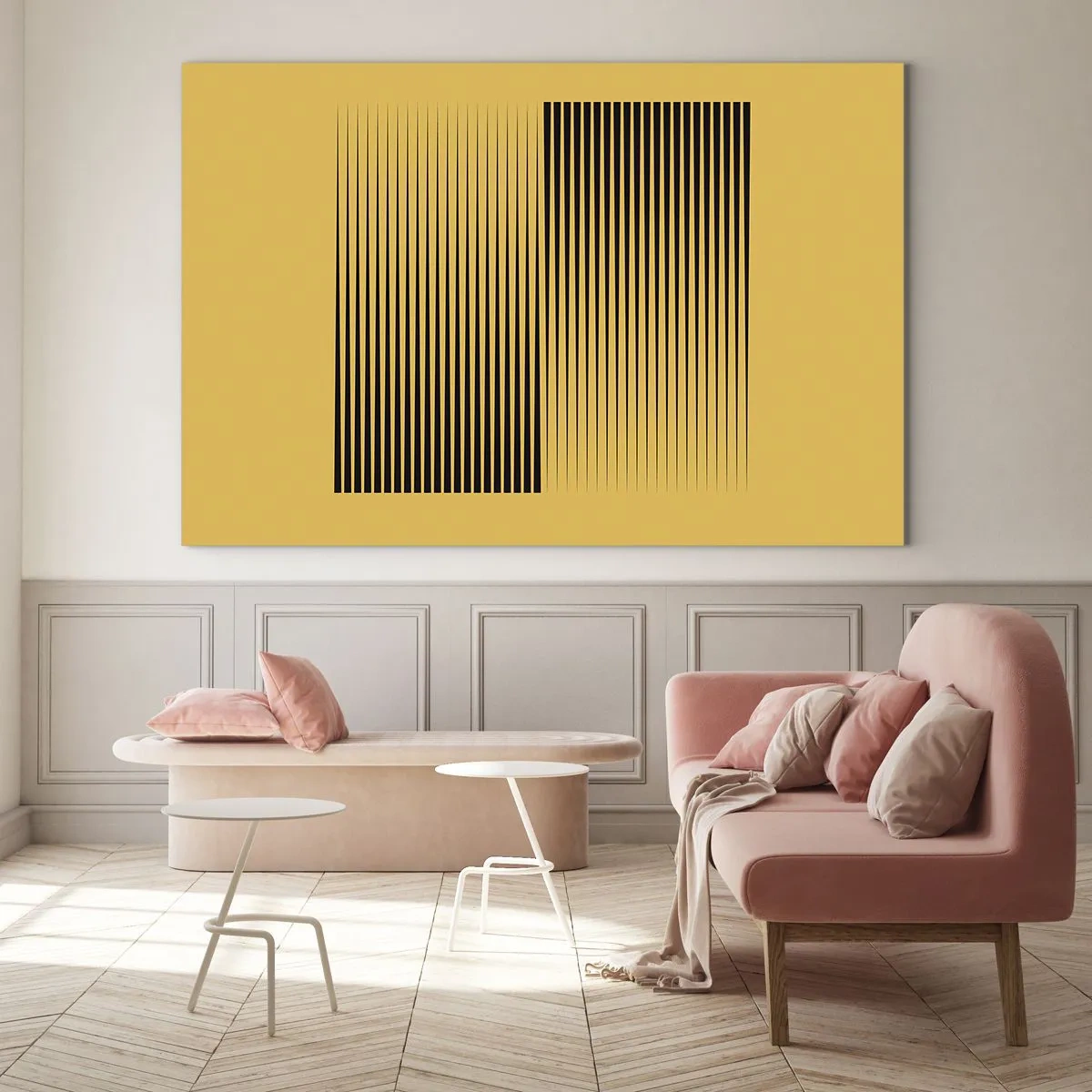Glasbild - Bild auf glas - Schwarze vertikale Linien erzeugen eine geometrische Illusion - 120x80cm - Quadratur der Gegensätze - Moderne Wanddekoration für Wohnzimmer und Schlafzimmer ARTTOR